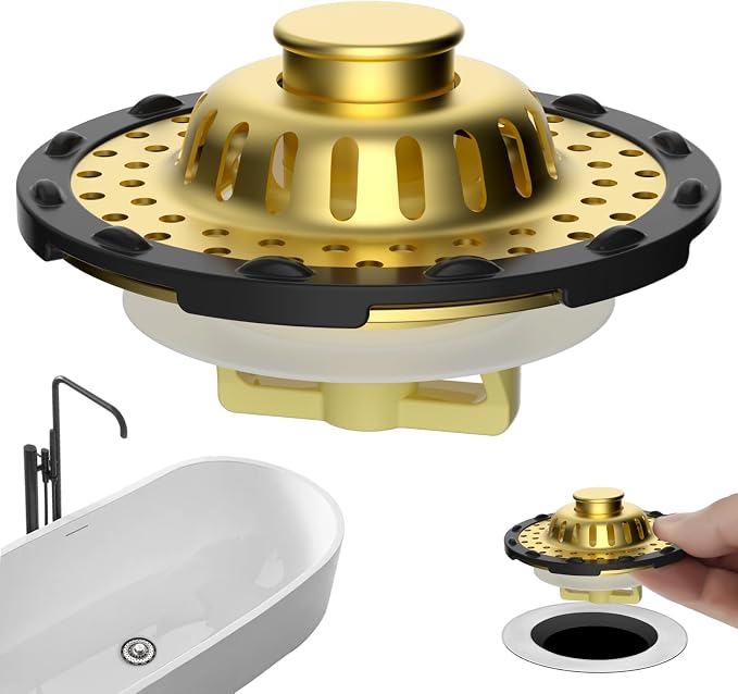 Universal Bathtub Drain Stopper All Metal Top Hair Catcher, Brushed Gold | Shower Drain Tub Stopper with Stainless Steel Visible Filter Basket, Upgraded 3 in 1 Pop-up Drain Plug for 1.5 to 2.4" Hole