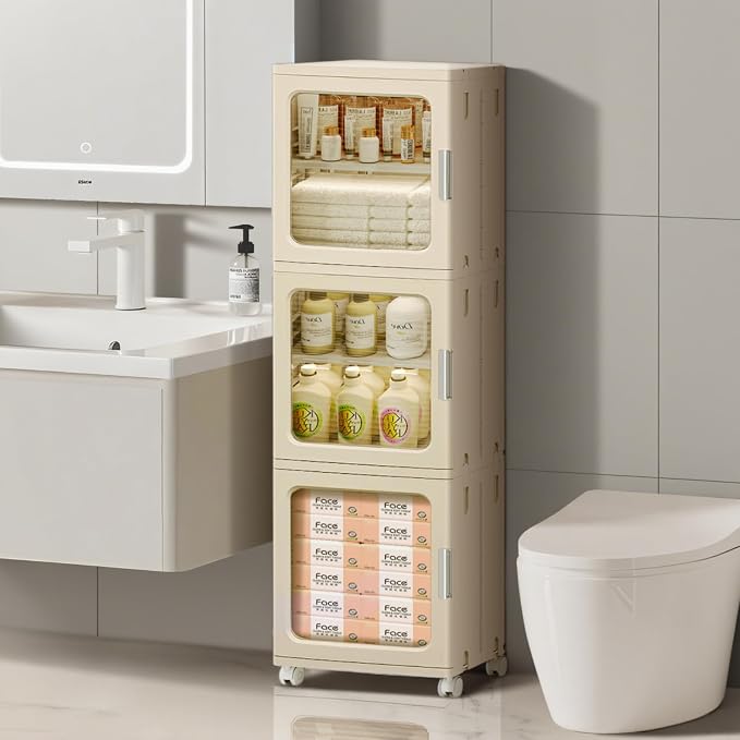 3-Tier Narrow Bathroom Storage Cabinet with Clear Doors and Adjustable Shelves, Plastic Slim Bathroom Organizers and Storage Small Spaces Pantry Kitchen Laundry Room Quick Assembly, Beige