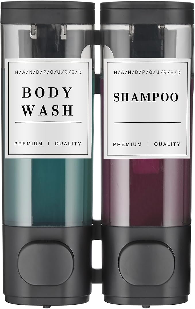 Shampoo and Conditioner Dispenser Shower Dispenser Body Wash Wall Mounted Shampoo Dispenser for Shower Wall No Drill for Bathroom Hotel 2 Chamber x 300ml Black with Waterproof Labels