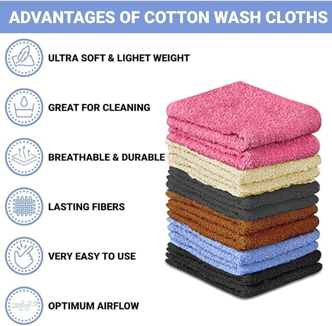 QUBA LINEN 100% Cotton Washcloth Set – Soft, Absorbent Face Towels for Bathroom & Gym Use – Reusable, Durable, Machine Washable Wash Cloths - Multi-Color, 12x12 Inches, Pack of 12