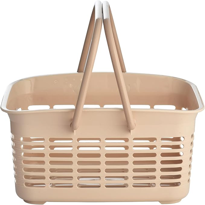 ALINK Plastic Shower Caddy Basket with Handle, Portable Organizer Storage Basket for College Dorm, Bathroom, Kitchen - Khaki