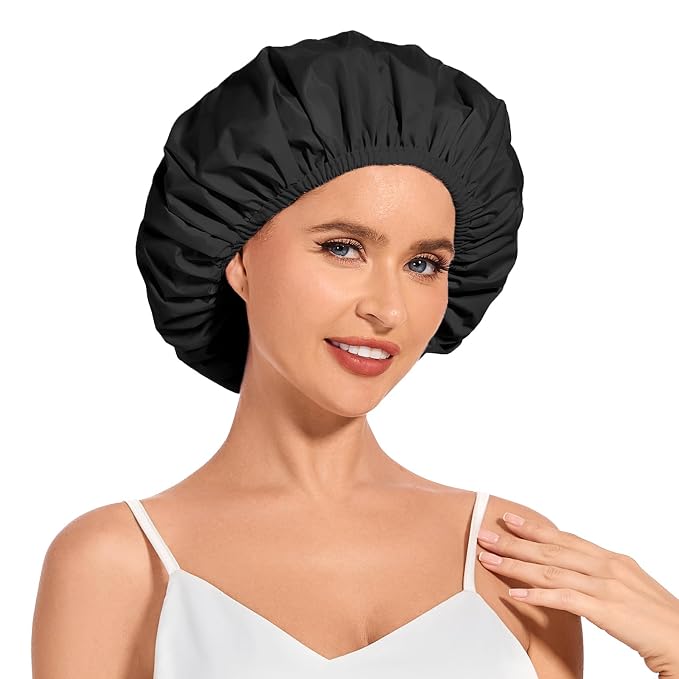 Shower Cap for Women Waterproof Reusable, Large Shower Cap Non-Slip with Elastic Band, Washable Bath Hair Hat for Long Hair, Braids (Black)