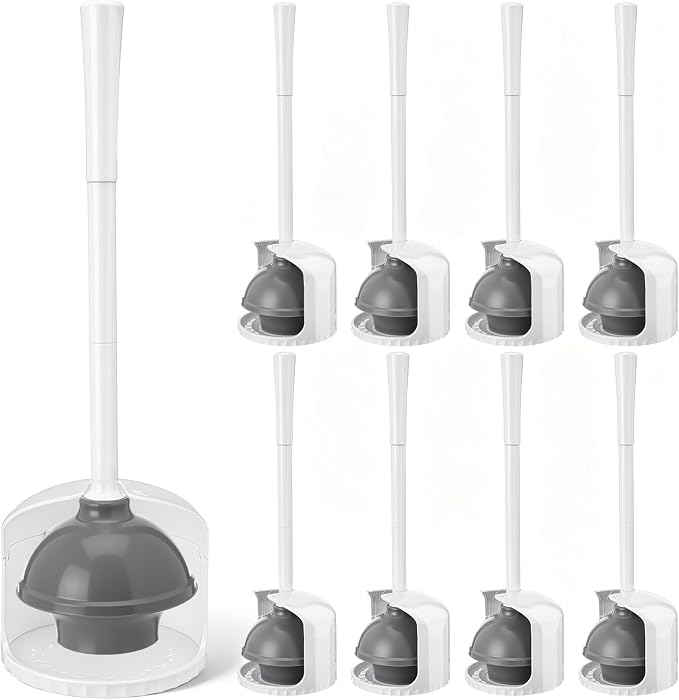 Reallnaive 8 Pack Toilet Plunger with Holder, Commercial Grade Heavy-Duty Plunger Set with Storage Base, Professional Bathroom Maintenance Tool