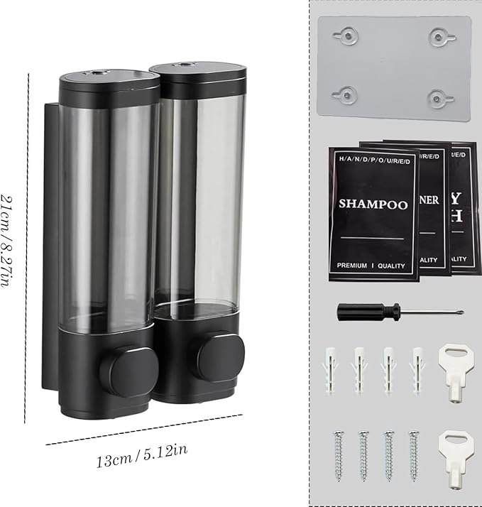 2-Chamber 10oz/300ML Black Plastic Hand Wall Mounted Soap Dispensers | Refillable Shampoo Conditioner Shower Dispenser No Drill, Clear Manual Pump Dispenser for Bathroom Hotel Kitchen