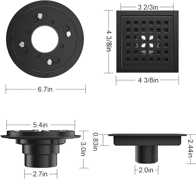 4 Inch Square Shower Drain Matte Black with Removable Quadrato Pattern Grate, SUS 304 Stainless Steel Floor Drain with Flange