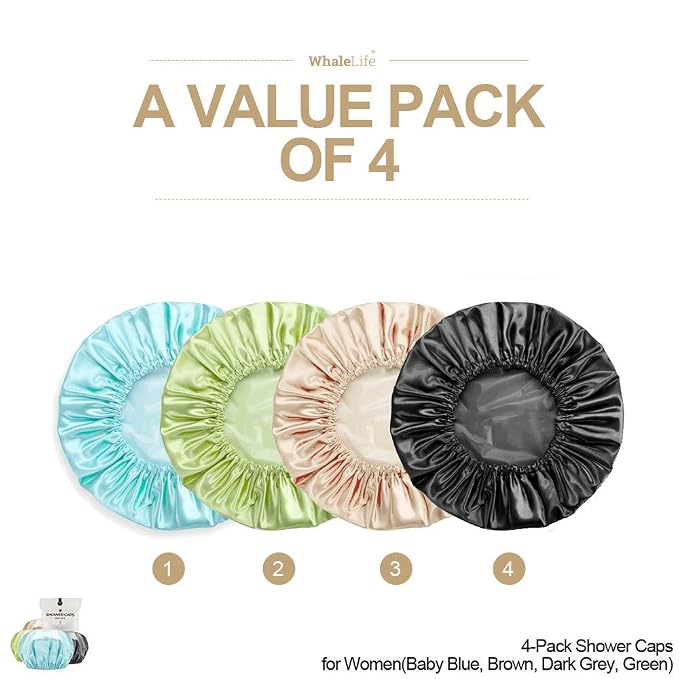 Shower Caps Satin Lined Waterproof for Women Men 4Pc Bright Mixed Colors | Double Layer 100 Percent Dry Jumbo Oversized Fits Thick Hair Smooth Lining Prevents Hair Frizz Snug Elastic Band No Pressure
