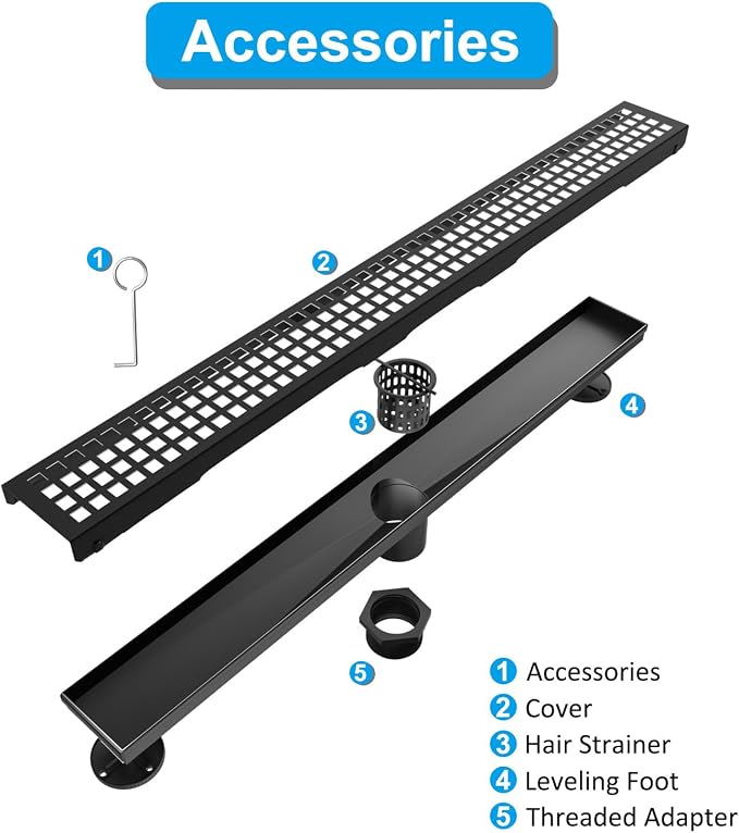 24 Inch Black Linear Shower Drain, Rectangular Shower Floor Drains with Square Hole Cover, 304 Stainless Steel Linear Drain with Leveling Feet, Hair Strainer (Matte Black)
