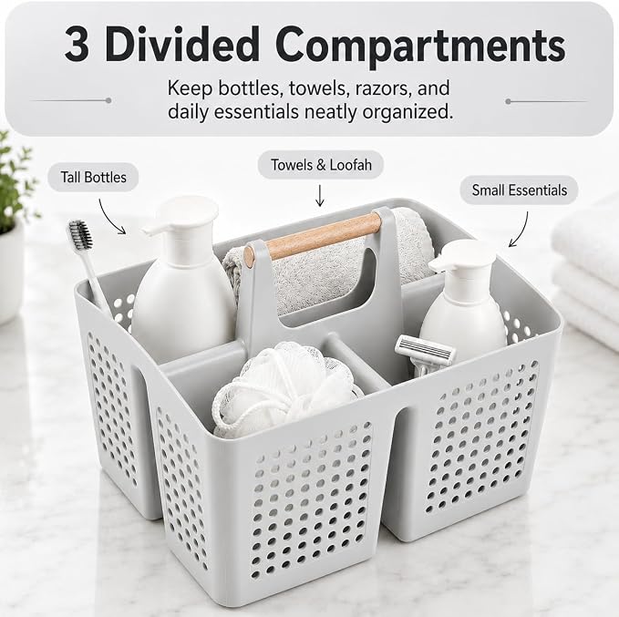 Portable Shower Caddy Basket with Wood Handle, 3-Compartment Bathroom Organizer Tote with Drain Holes, Plastic Shower Basket for Dorm, Toiletries, Cleaning Supplies,Light Gray