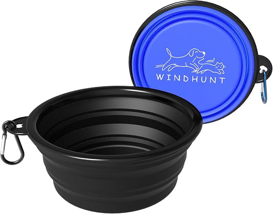 2-Pack Collapsible Dog Bowls, Portable Travel Pet Bowl with Carabiner – Foldable Silicone Feeding Dish for Dogs and Cats On-The-Go (Black + Blue)
