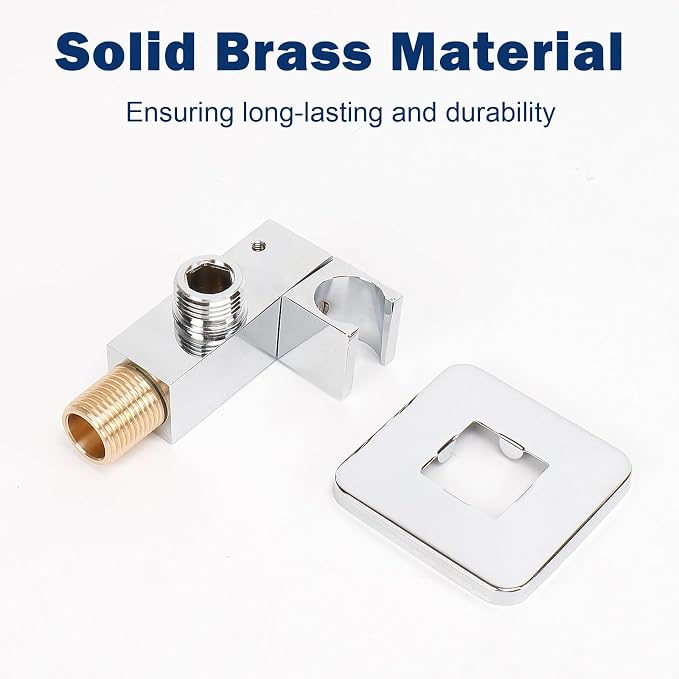 NearMoon Wall Supply Elbow with Handheld Shower Holder - Square Shower Bracket with Flange G1/2 Shower Hose Connector, Wall Mounted Drop Union Male Water Outlet (Chrome Finish)