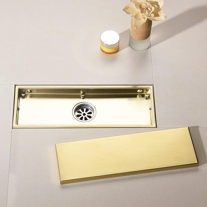 Linear Shower Drain Pipe 12 Inches Brushed Gold, with Tile Insert Grille, Detachable Hidden Cover, SUS304 Stainless Steel Rectangular Floor Drain