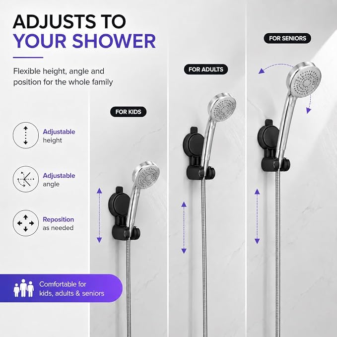 Suction Shower Head Holder, Black Adjustable Handheld Shower Wand Holder for Bathroom Wall, No Drill Vacuum Suction Cup Shower Bracket Removable Shower Holder for Smooth Surface