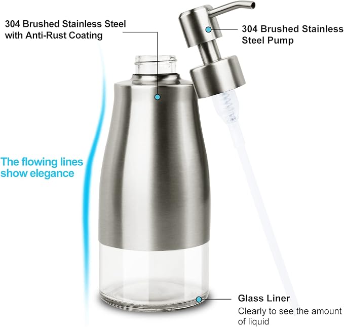 AUMIO 2 Pack Soap Dispenser Stainless Steel Case Glass Liner Hand Pump Dispenser, Refillable Liquid Hand Soap Dispenser for Bathroom & Kitchen - Brushed Nickel