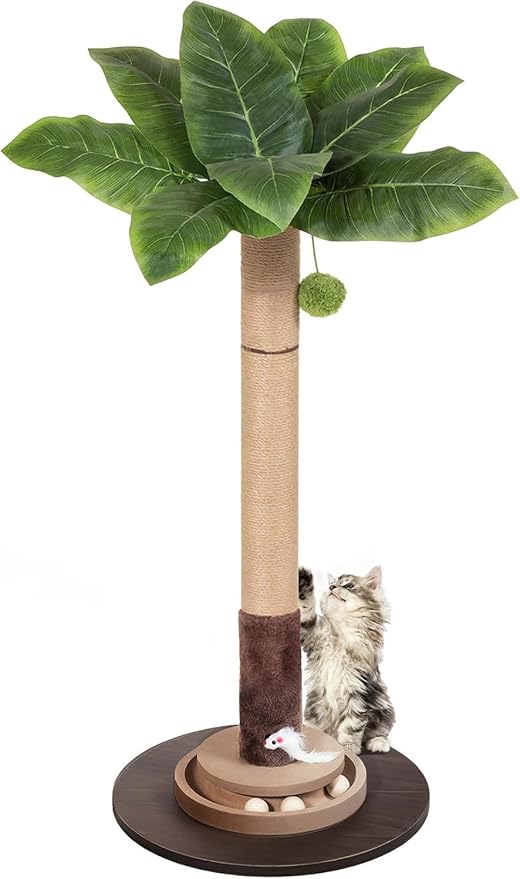 35" Sisal Rope Cat Scratching Post, Palm Leaf Cat Tree with Hanging Ball & Mouse Toy for Kittens & Adult Indoor Cats
