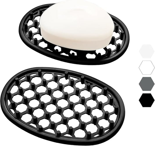 2 Pack Soap Dish for Shower, Non-Slip Silicone Bar Soap Holder with Efficient Drainage Holes for Bathroom Sink, Self Draining Soaps Saver Pad for Shower Niche, Shelf (Black- 2Pcs)