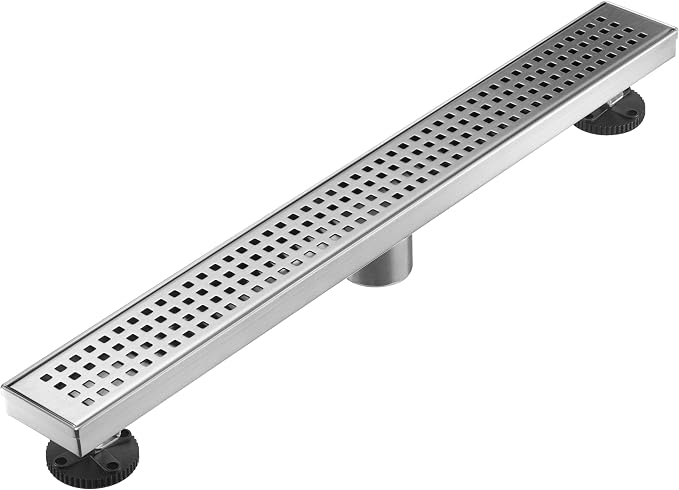 AVSIILE Linear Shower Floor Drain, Brushed Nickel 24 Inch 304 Stainless Steel Bathroom Drains Kit, Long Rectangular Shower Trench Drain with Square Pattern Drain Cover & Hair Catcher