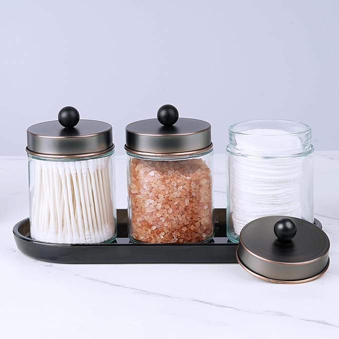 SheeChung 3 Pack Glass Apothecary Jars with Acrylic Vanity Tray | Bathroom Jars with Lids Set with for Qtip, Cotton Ball, Floss Picks - Modern Industrial Style - Bathroom Organizer (ORB)