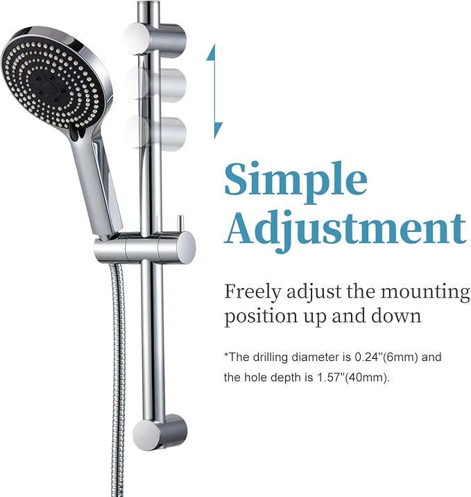 OFFO Shower Slide Bar Combo, Adjustable 21 in Slide Bar with 6-Mode High Pressure Handheld Shower Head and 60 in Stainless Steel Hose, Screw Wall Mounted, Chrome