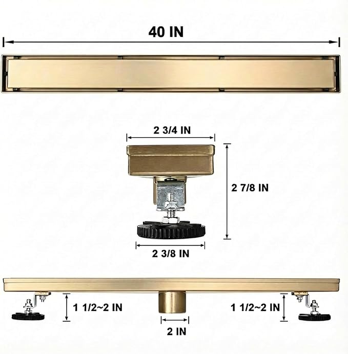 AVSIILE Linear Shower Floor Drain, Brushed Gold 40 Inch 304 Stainless Steel Bathroom Drains Kit, Rectangular Shower Trench Drain with Reversable Tile-in Pattern Drain Cover & Hair Catcher