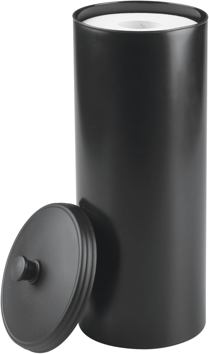 iDesign Freestanding Bathroom Toilet Paper Storage Holder, Matte Black | With Lid, For 3 Extra Rolls