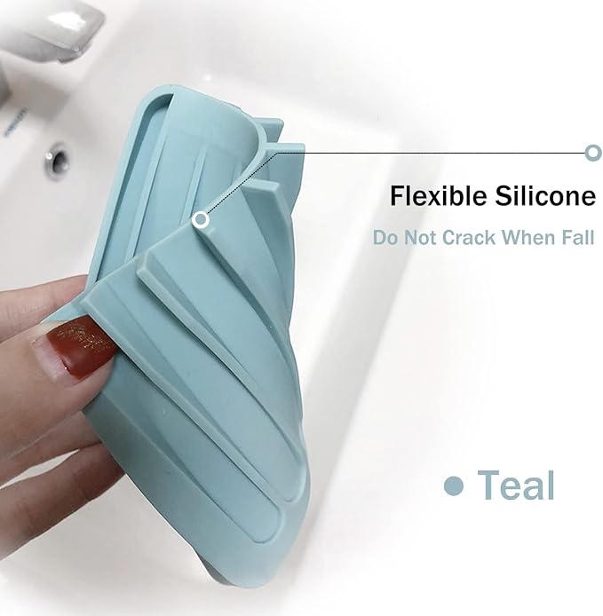 4PCS Premium Silicone Self-Draining Soap Holders, Waterfall Drainer Soap Savers for Bathroom, Kitchen & Bath Tub - Extends Soap Life, Easy Clean (White & Teal)