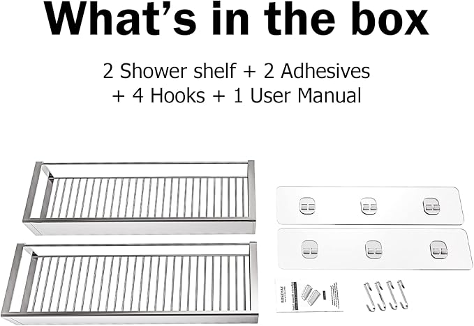 Bathroom Adhesive Shower Caddy Basket Shelf with Hooks, No Drilling Removable Bathroom Shelf Organizer,Stainless Steel Rustproof Shower Rack for Shampoo Storage, Sponge Holder-Silver