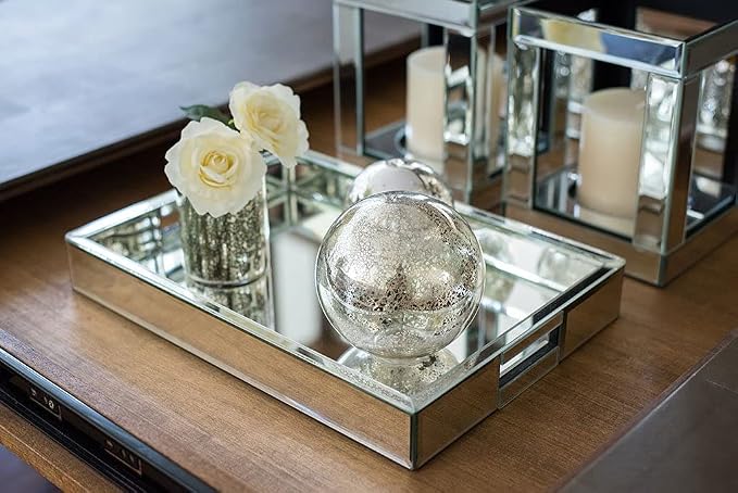 Rectangle Silver Mirror Decorative Tray Size 11” Length x 14” Width x 2” Height, Mirrored Vanity Organizer with Hand, Markup Perfume Jewelry Tray for Bathroom Bedroom Dresser Coffee Table qmdecor