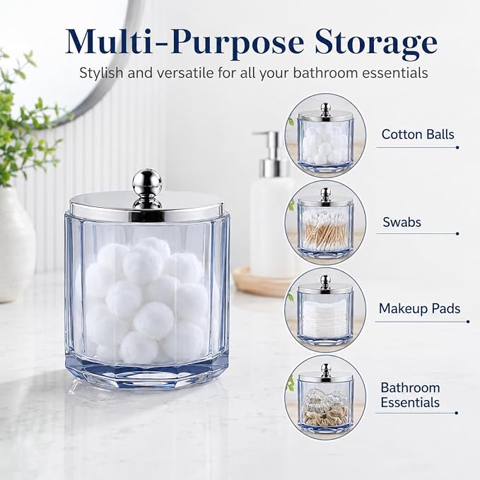 Light Blue Translucent Apothecary Octagional Shaped Glass Canister Jar With Metal Lid Cover for Bathroom Organization, Cotton Balls, Q Tips, and Small Accessories, Bathroom Storage