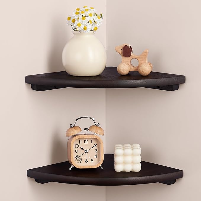 Gieanoo Floating Corner Shelves Set 2 10inch Walnut Solid Oak Rounded Corner Shelves Wall Mounted with Cable Hole Wood Corner Hanging Shelves for Living Room Bedroom Bathroom Kitchen