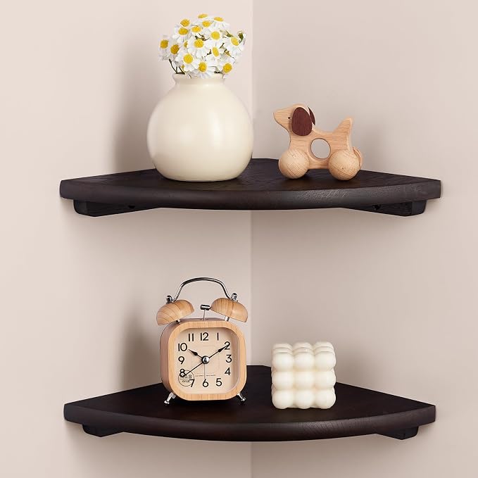 Gieanoo Corner Wall Shelf,7inch Solid Oak Wood Floating Corner Shelf with Wire Hole Corner Wall Storage Display Shelves for Living Room Bedroom Bathroom Kitchen(Walnut)