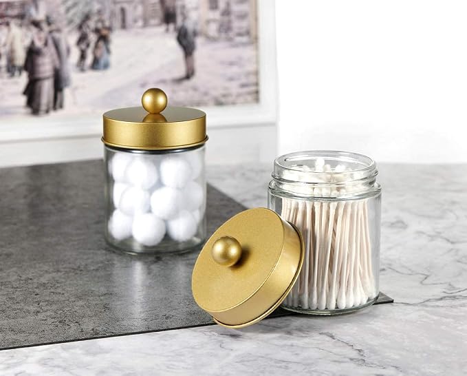Amolliar 6Pc Apothecary Jars Bathroom Vanity Organizer- Rustic Farmhouse Decor Storage Canister with Stainless Steel Lids- Qtip Dispenser Holder for Q-Tips,Cotton Swabs,Rounds,Ball,Flossers (Gold)