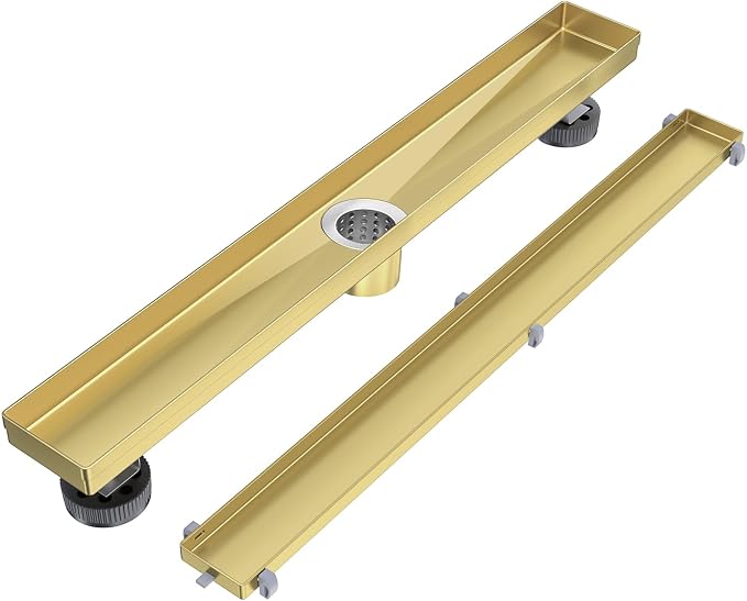 EXF Linear Shower Drain 30 Inch Brushed Gold Tile Insert, Stainless Steel Rectangle Bathroom Floor Drain Cover with Hair Catcher, Adjustable Feet