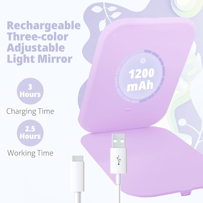 Travel Makeup Mirror, Portable Rechargeable Mirror with Lights | USB-Rechargeable, 3 Color LED Lighting, Adjustable Brightness, 7.9x5.4 inch, 1200mAh Battery, Gift for Women and Girls,Purple
