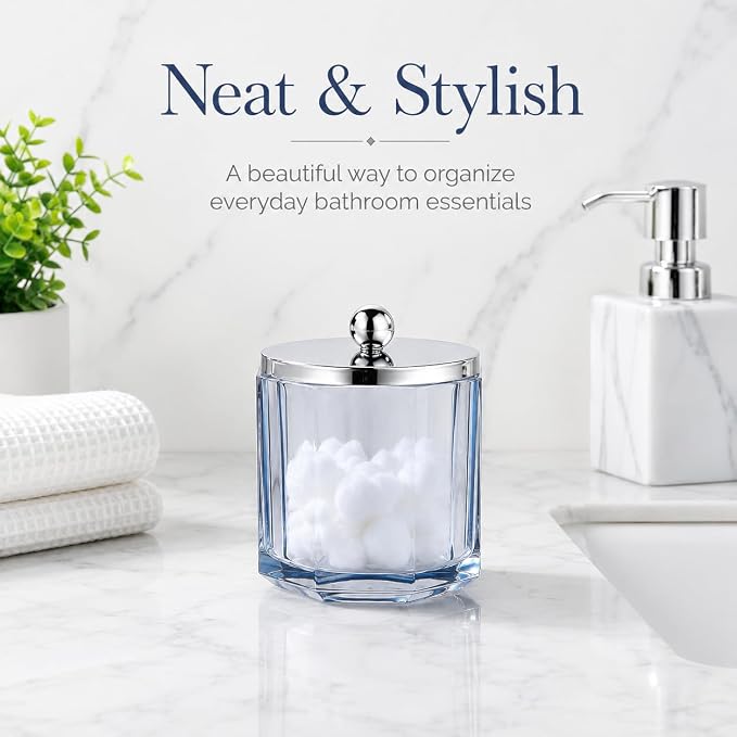 Light Blue Translucent Apothecary Octagional Shaped Glass Canister Jar With Metal Lid Cover for Bathroom Organization, Cotton Balls, Q Tips, and Small Accessories, Bathroom Storage