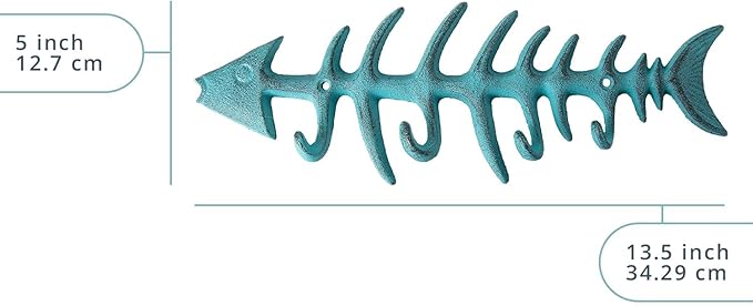Comfify Blue Fish Bones Cast Iron Wall Hook Rack – 4 Hooks, Screws | Blue; fish bones cast iron; 9.05"L x 3.34"H; 4 hooks; screws & anchors included; coastal nautical decor