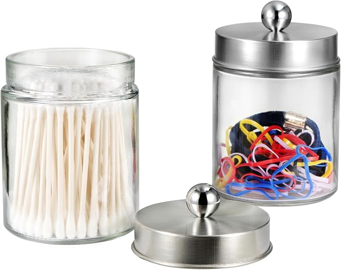SheeChung 2 Pack Glass Qtip Holder with Brushed Nickel Stainless Steel Lids | Apothecary Jars with Stickers, Modern Farmhouse Bathroom Vanity Organizer for Cotton Swabs, Balls, Pads