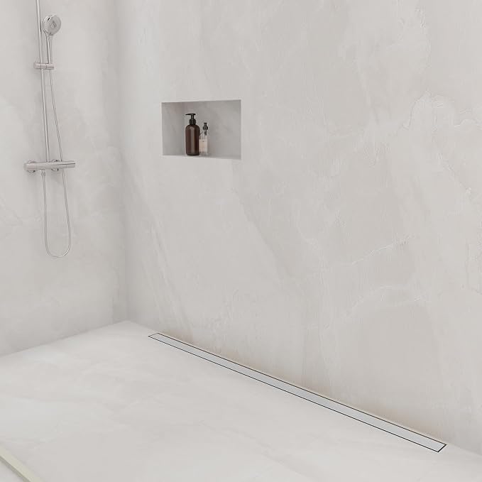 48-Inch Linear Shower Drain with Tile Insert Grate, SUS 304 Stainless Steel Linear Drain, Brushed Nickel Long Rectangle Shower Floor Drain with Leveling Feet, Hair Strainer, Fits Bathroom