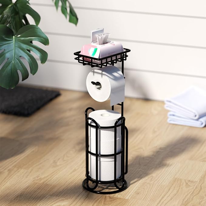[Upgrade] Toilet Paper Holder Stand with Shelf Tissue Holders for Bathroom Free Standing Bath Tissue Roll Holder Magazine Rack for Mega Rolls/Phone/Wipe-Black