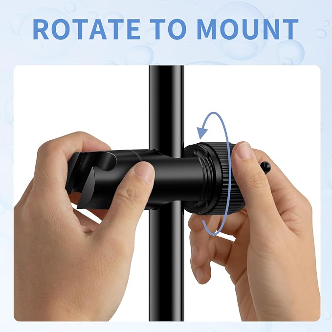 OFFO Shower Head Holder, Adjustable Handheld Shower Head Holder with 2 Hooks for 0.75-0.87 in Shower Hose, 360 Degree Rotation Shower Handle Holder for 0.63-1.1 in O.D. Shower Slide Bar, Matte Black