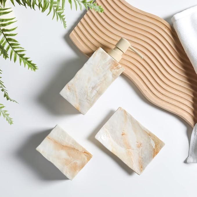 RQYIXI Ceramic 4-Piece Bathroom Accessories Set, Beige, Marble Design | marble look ceramic square design unique veining pattern modern countertop organization