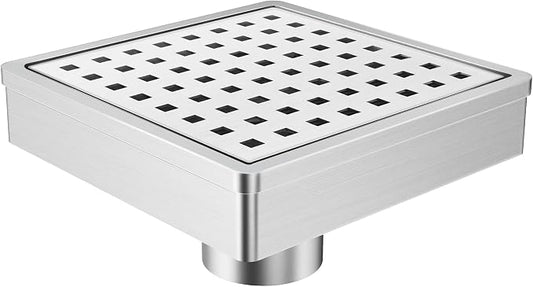 6 Inch Shower Drain, Modern 304 Stainless Steel Square Shower Drain for Bathroom, Brushed Nickel Shower Floor Drain with Grate Removable, Hair Strainer