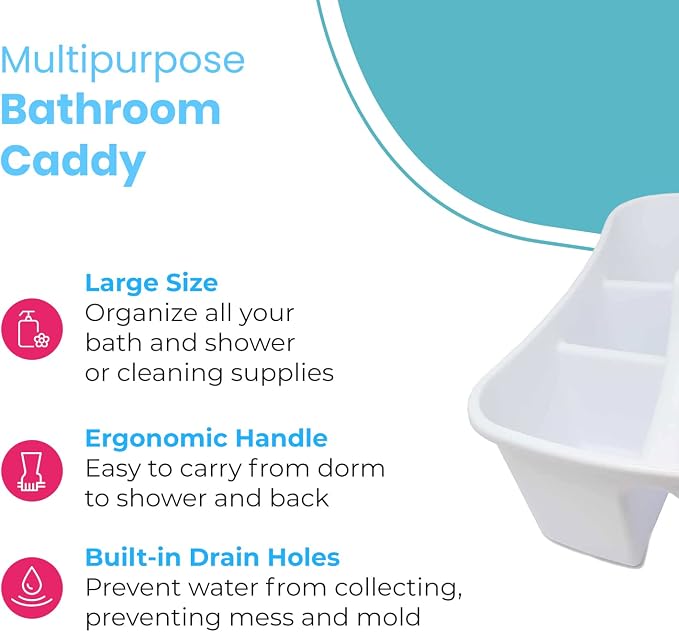 Bath Caddie White - Totes with Divided Compartments and Handles for Organizing, Storing & Carrying Cleaning Supplies and Bathroom Accessories (Large Cleaning Caddy)