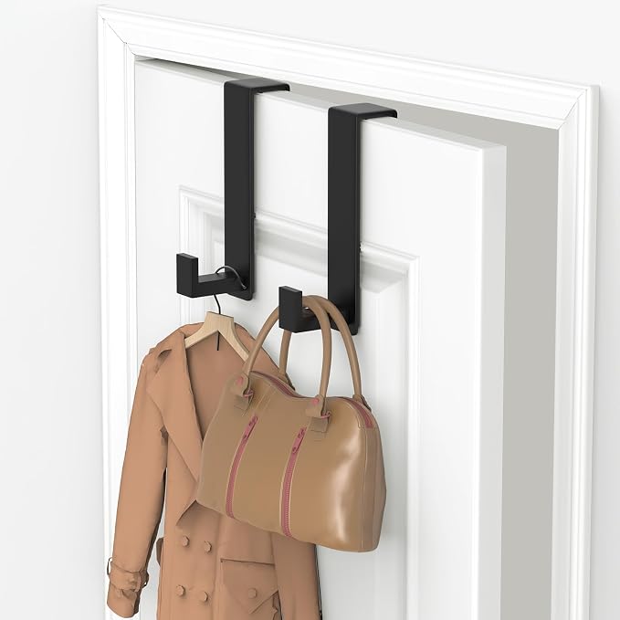 HUFEEOH Over The Door Hooks 2-Pack, Heavy Stainless Steel Coat & Towel Rack, No Drilling Scratch-Free Over Door Hanger Dorm Essentials Bathroom Accessories, Fits 1-3/4" Doors (Black) (L Shape)