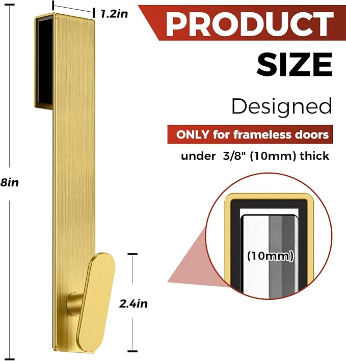 Shower Door Hooks 8 Inch,Extended Heavy Duty Shower Hooks for Towels,Over the Towel Hooks for Bathroom Frameless Glass Door (Gold,2 Pack)
