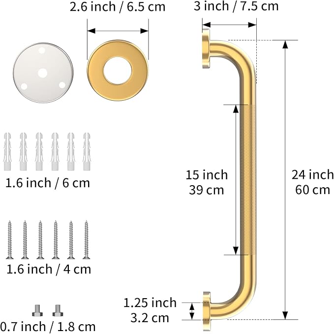 24 Inch Anti Slip Shower Grab Bar Gold, Munzong 2 Pack Bathroom Grab Bar, Knurled Bathroom Balance Bar,Safety Hand Rail Support Handicap Elderly Injury Senior Assist Bath Handle