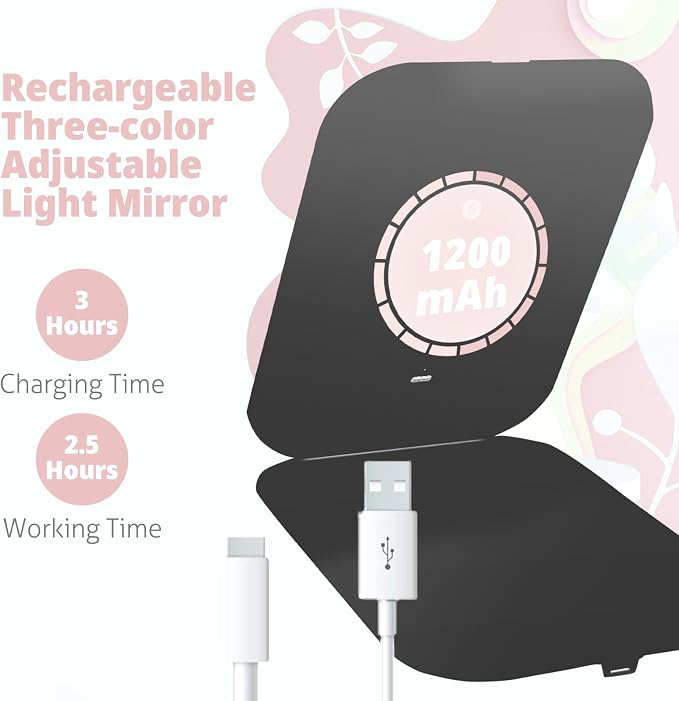Travel Makeup Mirror, Portable Rechargeable Mirror with Lights | USB-Rechargeable, 3 Color LED Lighting, Adjustable Brightness, 7.9x5.4 inch, 1200mAh Battery, Gift for Women and Girls, Black