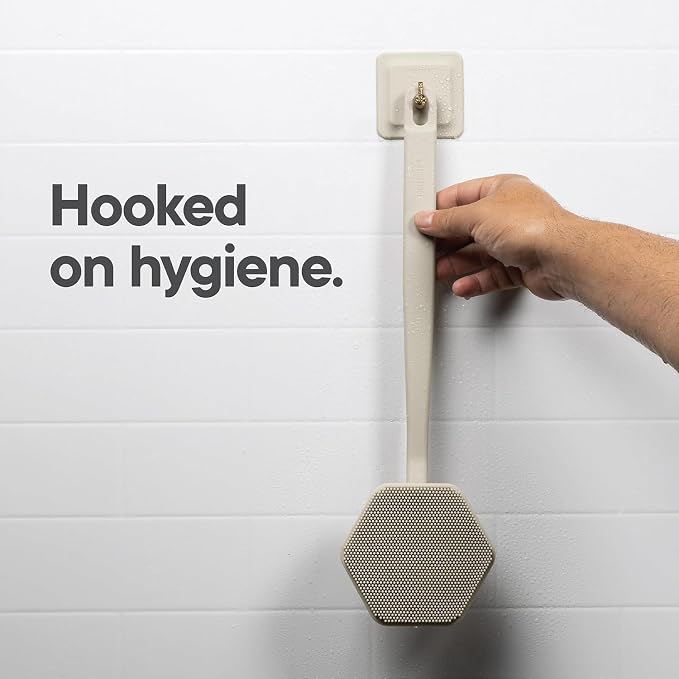 TOOLETRIES Silicone Back Scrubber with Hook, Exfoliating Body & Bath Brush, Long Ergonomic Handle, Non-Slip Grip for Hard-to-Reach Areas, Hygienic Silicone Bath Accessory for Men & Women - Sand