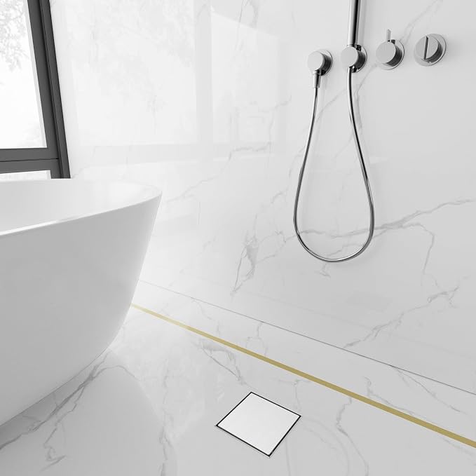 6-Inch Square Shower Drain with Tile Insert Grate, SUS 304 Stainless Steel Shower Floor Drain Kit with Hair Strainer (Brushed Nickel)