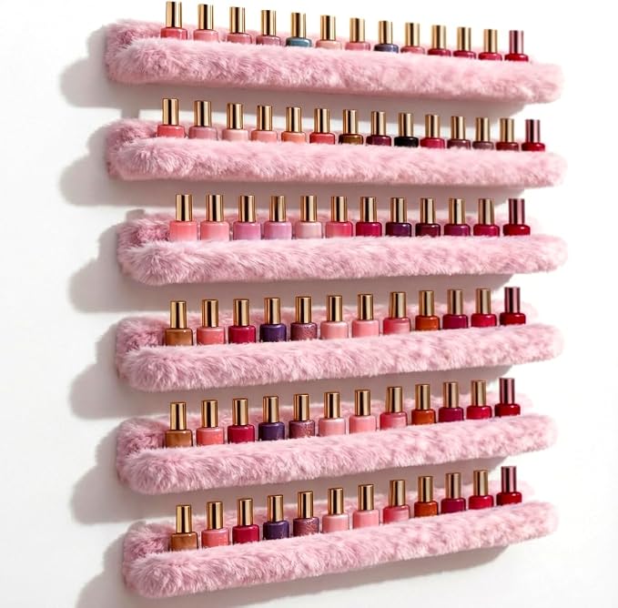 YMVV Nail Polish Wall Shelf - 15-Inch Furry Plush Display & Organizer Rack, Holds 60+ Polishes, Soft Ledge for Bedroom, Bathroom, Salon - Protects Bottles from Scratches，6 Pack Pink