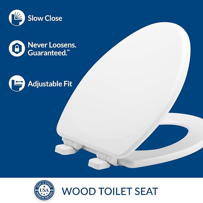 Mayfair Linden Slow Close Toilet Seat, Non Slip Heavy Duty Wood, Easy Install, Made in USA, Elongated, White, 4 Pack